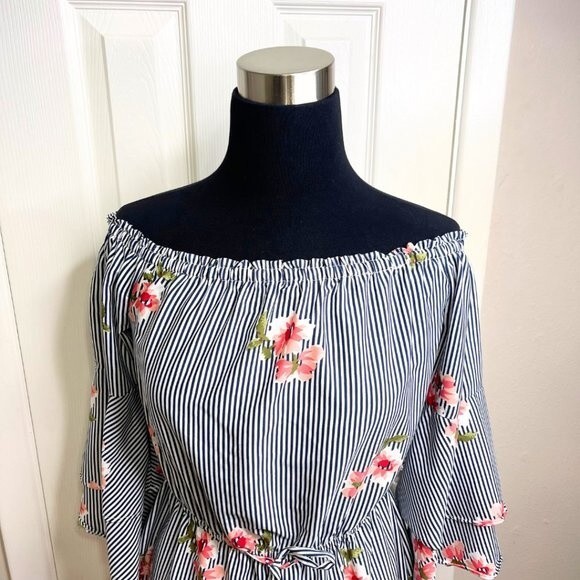 Women's Striped Floral Pattern Mini Dress Off Shoulder Size Large - Picture 5 of 15